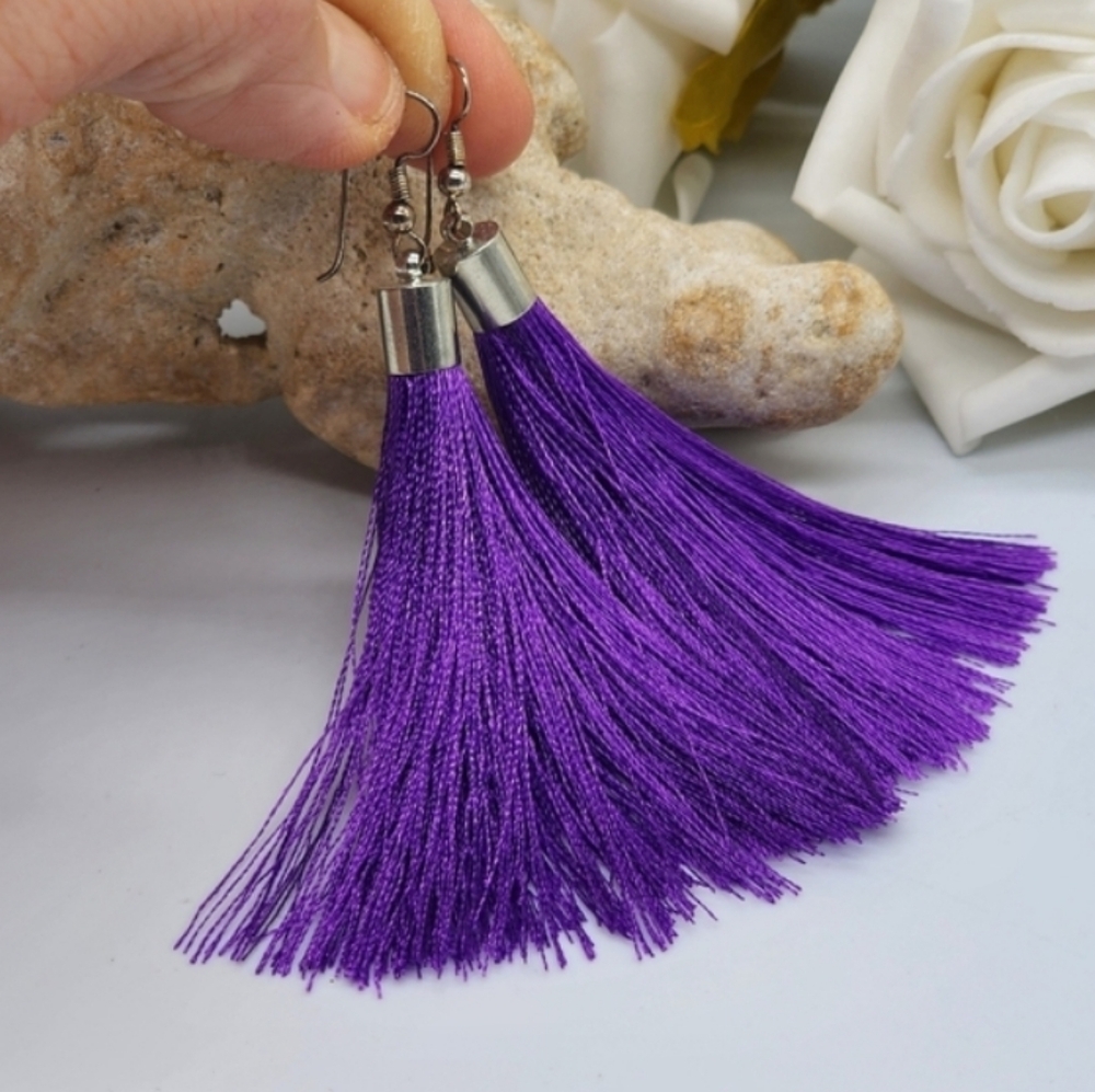 ❤️ Silk Tassels Purple Rain Silver Earrings Hypoallergenic Lightweight
